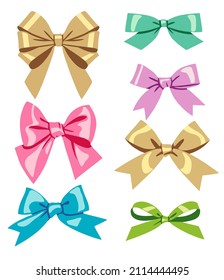 Decorative color bow isolated on white background. New year and holiday decoration set. Vector flat stock illustration.