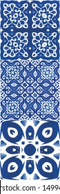 Decorative color ceramic azulejo tiles. Set of vector seamless patterns. Original design. Blue folk ethnic ornaments for print, web background, surface texture, towels, pillows, wallpaper.