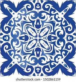 Decorative color ceramic azulejo tiles. Creative design. Vector seamless pattern concept. Blue folk ethnic ornament for print, web background, surface texture, towels, pillows, wallpaper.