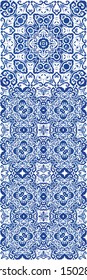 Decorative color ceramic azulejo tiles. Fashionable design. Collection of vector seamless patterns. Blue folk ethnic ornaments for print, web background, surface texture, towels, pillows, wallpaper.