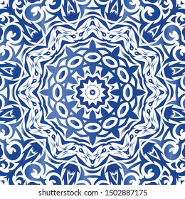 Decorative color ceramic azulejo tiles. Universal design. Vector seamless pattern texture. Blue folk ethnic ornament for print, web background, surface texture, towels, pillows, wallpaper.