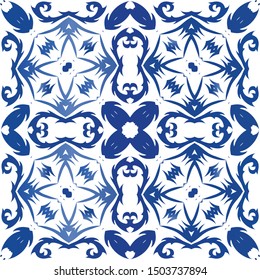 Decorative color ceramic azulejo tiles. Graphic design. Vector seamless pattern elements. Blue folk ethnic ornament for print, web background, surface texture, towels, pillows, wallpaper.