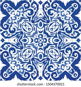 Decorative color ceramic azulejo tiles. Vector seamless pattern concept. Creative design. Blue folk ethnic ornament for print, web background, surface texture, towels, pillows, wallpaper.