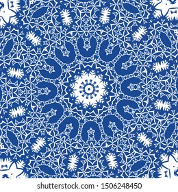 Decorative color ceramic azulejo tiles. Stylish design. Vector seamless pattern arabesque. Blue folk ethnic ornament for print, web background, surface texture, towels, pillows, wallpaper.