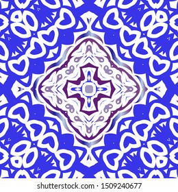 Decorative color ceramic azulejo tiles. Universal design. Vector seamless pattern texture. Blue folk ethnic ornament for print, web background, surface texture, towels, pillows, wallpaper.