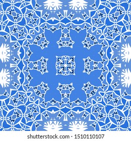 Decorative color ceramic azulejo tiles. Stylish design. Vector seamless pattern arabesque. Blue folk ethnic ornament for print, web background, surface texture, towels, pillows, wallpaper.