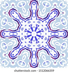 Decorative color ceramic azulejo tiles. Universal design. Vector seamless pattern texture. Blue folk ethnic ornament for print, web background, surface texture, towels, pillows, wallpaper.