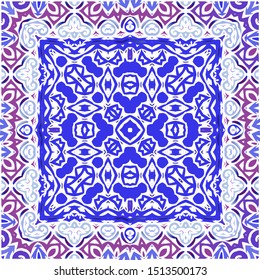 Decorative color ceramic azulejo tiles. Stylish design. Vector seamless pattern texture. Blue folk ethnic ornament for print, web background, surface texture, towels, pillows, wallpaper.