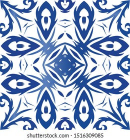 Decorative color ceramic azulejo tiles. Graphic design. Vector seamless pattern frame. Blue folk ethnic ornament for print, web background, surface texture, towels, pillows, wallpaper.