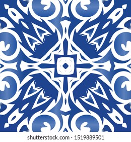 Decorative color ceramic azulejo tiles. Universal design. Vector seamless pattern texture. Blue folk ethnic ornament for print, web background, surface texture, towels, pillows, wallpaper.