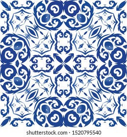 Decorative color ceramic azulejo tiles. Vector seamless pattern collage. Hand drawn design. Blue folk ethnic ornament for print, web background, surface texture, towels, pillows, wallpaper.