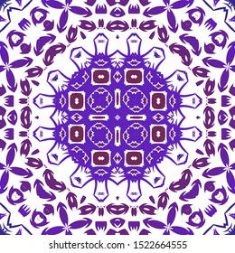 Decorative color ceramic azulejo tiles. Stylish design. Vector seamless pattern arabesque. Blue folk ethnic ornament for print, web background, surface texture, towels, pillows, wallpaper.