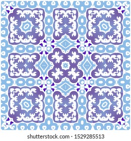 Decorative color ceramic azulejo tiles. Geometric design. Vector seamless pattern concept. Blue folk ethnic ornament for print, web background, surface texture, towels, pillows, wallpaper.