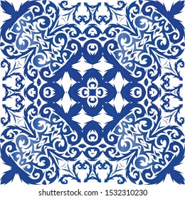 Decorative color ceramic azulejo tiles. Geometric design. Vector seamless pattern frame. Blue folk ethnic ornament for print, web background, surface texture, towels, pillows, wallpaper.