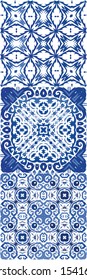 Decorative color ceramic azulejo tiles. Set of vector seamless patterns. Stylish design. Blue folk ethnic ornaments for print, web background, surface texture, towels, pillows, wallpaper.