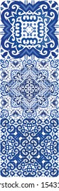 Decorative color ceramic azulejo tiles. Hand drawn design. Kit of vector seamless patterns. Blue folk ethnic ornaments for print, web background, surface texture, towels, pillows, wallpaper.