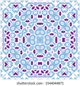 Decorative color ceramic azulejo tiles. Vector seamless pattern flyer. Graphic design. Blue folk ethnic ornament for print, web background, surface texture, towels, pillows, wallpaper.