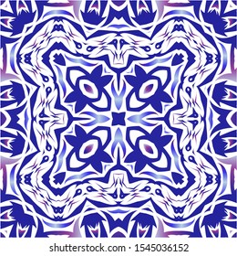 Decorative color ceramic azulejo tiles. Universal design. Vector seamless pattern texture. Blue folk ethnic ornament for print, web background, surface texture, towels, pillows, wallpaper.
