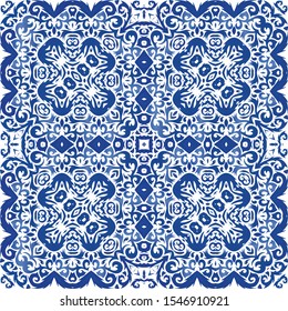 Decorative color ceramic azulejo tiles. Bathroom design. Vector seamless pattern frame. Blue folk ethnic ornament for print, web background, surface texture, towels, pillows, wallpaper.