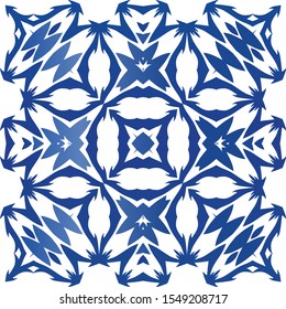 Decorative color ceramic azulejo tiles. Colored design. Vector seamless pattern concept. Blue folk ethnic ornament for print, web background, surface texture, towels, pillows, wallpaper.