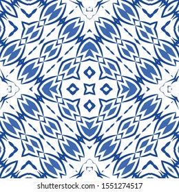 Decorative color ceramic azulejo tiles. Vector seamless pattern collage. Hand drawn design. Blue folk ethnic ornament for print, web background, surface texture, towels, pillows, wallpaper.