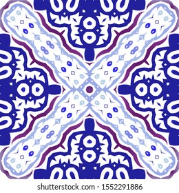 Decorative color ceramic azulejo tiles. Universal design. Vector seamless pattern texture. Blue folk ethnic ornament for print, web background, surface texture, towels, pillows, wallpaper.