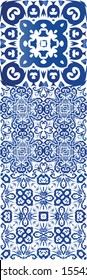Decorative color ceramic azulejo tiles. Collection of vector seamless patterns. Colored design. Blue folk ethnic ornaments for print, web background, surface texture, towels, pillows, wallpaper.