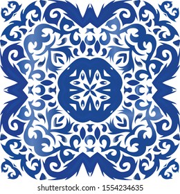 Decorative color ceramic azulejo tiles. Vector seamless pattern frame. Bathroom design. Blue folk ethnic ornament for print, web background, surface texture, towels, pillows, wallpaper.