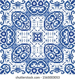 Decorative color ceramic azulejo tiles. Geometric design. Vector seamless pattern concept. Blue folk ethnic ornament for print, web background, surface texture, towels, pillows, wallpaper.