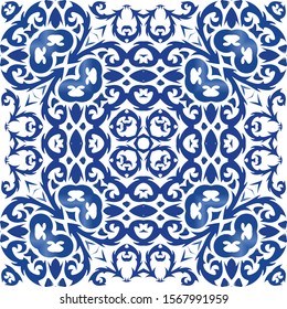 Decorative color ceramic azulejo tiles. Minimal design. Vector seamless pattern concept. Blue folk ethnic ornament for print, web background, surface texture, towels, pillows, wallpaper.