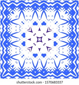 Decorative color ceramic azulejo tiles. Graphic design. Vector seamless pattern elements. Blue folk ethnic ornament for print, web background, surface texture, towels, pillows, wallpaper.