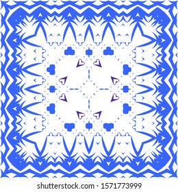 Decorative color ceramic azulejo tiles. Graphic design. Vector seamless pattern elements. Blue folk ethnic ornament for print, web background, surface texture, towels, pillows, wallpaper.