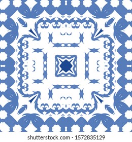 Decorative color ceramic azulejo tiles. Graphic design. Vector seamless pattern elements. Blue folk ethnic ornament for print, web background, surface texture, towels, pillows, wallpaper.