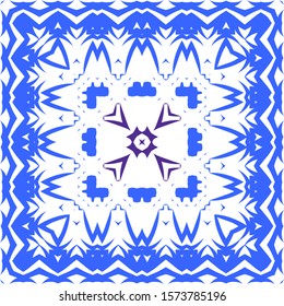 Decorative color ceramic azulejo tiles. Graphic design. Vector seamless pattern elements. Blue folk ethnic ornament for print, web background, surface texture, towels, pillows, wallpaper.