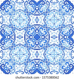 Decorative color ceramic azulejo tiles. Vector seamless pattern watercolor. Modern design. Blue folk ethnic ornament for print, web background, surface texture, towels, pillows, wallpaper.