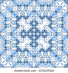 Decorative color ceramic azulejo tiles. Vector seamless pattern collage. Hand drawn design. Blue folk ethnic ornament for print, web background, surface texture, towels, pillows, wallpaper.