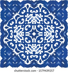 Decorative color ceramic azulejo tiles. Colored design. Vector seamless pattern poster. Blue folk ethnic ornament for print, web background, surface texture, towels, pillows, wallpaper.