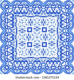 Decorative color ceramic azulejo tiles. Vector seamless pattern watercolor. Modern design. Blue folk ethnic ornament for print, web background, surface texture, towels, pillows, wallpaper.