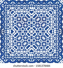 Decorative color ceramic azulejo tiles. Vector seamless pattern texture. Hand drawn design. Blue folk ethnic ornament for print, web background, surface texture, towels, pillows, wallpaper.