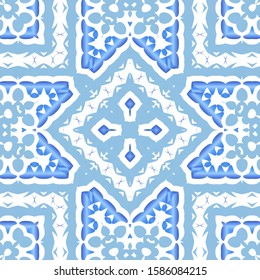 Decorative color ceramic azulejo tiles. Original design. Vector seamless pattern texture. Blue folk ethnic ornament for print, web background, surface texture, towels, pillows, wallpaper.