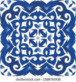 Decorative color ceramic azulejo tiles. Vector seamless pattern theme. Hand drawn design. Blue folk ethnic ornament for print, web background, surface texture, towels, pillows, wallpaper.