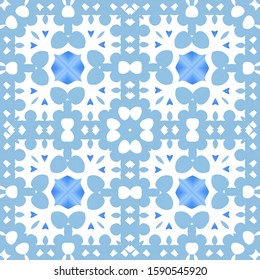 Decorative color ceramic azulejo tiles. Original design. Vector seamless pattern texture. Blue folk ethnic ornament for print, web background, surface texture, towels, pillows, wallpaper.
