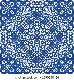 Decorative color ceramic azulejo tiles. Vector seamless pattern arabesque. Kitchen design. Blue folk ethnic ornament for print, web background, surface texture, towels, pillows, wallpaper.