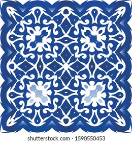 Decorative color ceramic azulejo tiles. Vector seamless pattern frame. Colored design. Blue folk ethnic ornament for print, web background, surface texture, towels, pillows, wallpaper.
