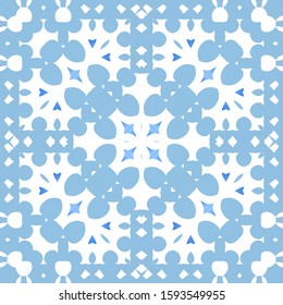 Decorative color ceramic azulejo tiles. Original design. Vector seamless pattern texture. Blue folk ethnic ornament for print, web background, surface texture, towels, pillows, wallpaper.