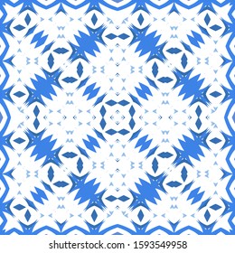Decorative color ceramic azulejo tiles. Vector seamless pattern collage. Hand drawn design. Blue folk ethnic ornament for print, web background, surface texture, towels, pillows, wallpaper.