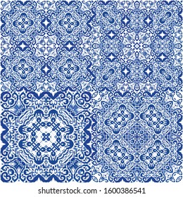 Decorative color ceramic azulejo tiles. Collection of vector seamless patterns. Universal design. Blue folk ethnic ornaments for print, web background, surface texture, towels, pillows, wallpaper.
