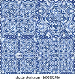 Decorative color ceramic azulejo tiles. Collection of vector seamless patterns. Stylish design. Blue folk ethnic ornaments for print, web background, surface texture, towels, pillows, wallpaper.