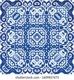 Decorative color ceramic azulejo tiles. Vector seamless pattern illustration. Universal design. Blue folk ethnic ornament for print, web background, surface texture, towels, pillows, wallpaper.