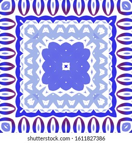 Decorative color ceramic azulejo tiles. Creative design. Vector seamless pattern concept. Blue folk ethnic ornament for print, web background, surface texture, towels, pillows, wallpaper.